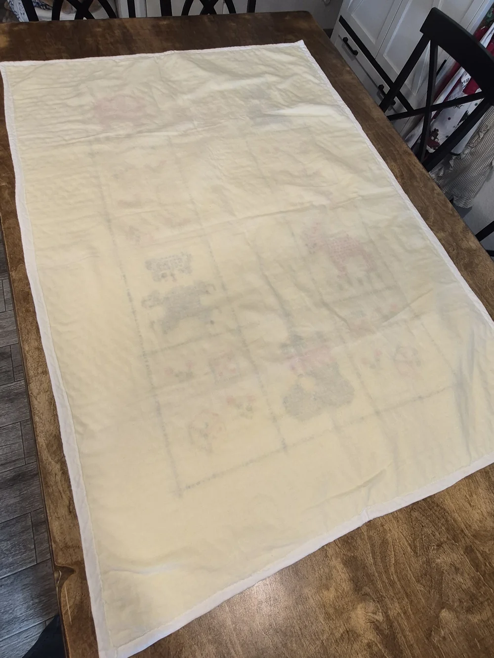 Vintage Handmade Crosstitch Baby Quilt- White with Blue and Pink Animal Motifs